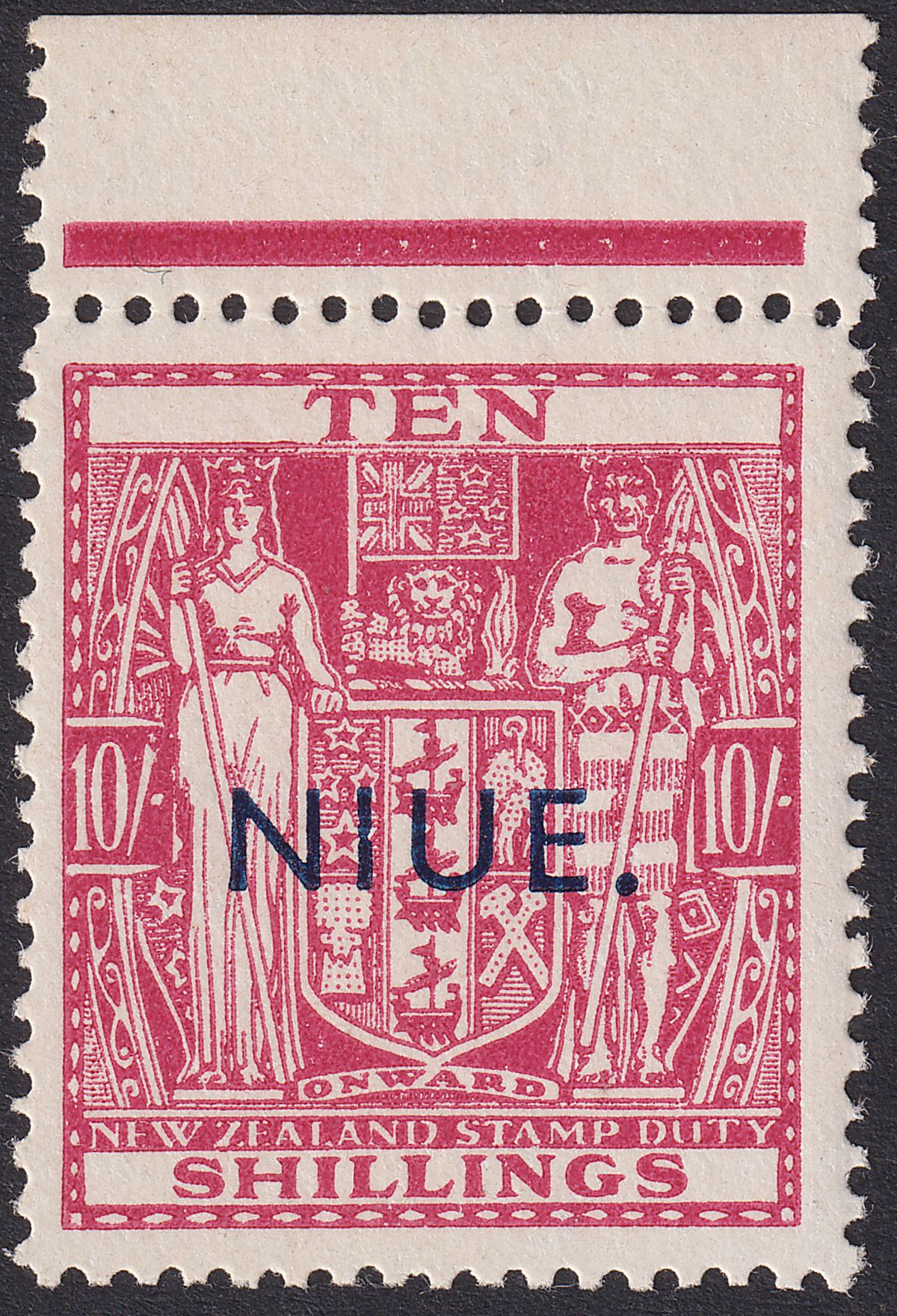 Niue 1945 KGVI Postal Fiscal 10sh Carmine-Lake wmk Multi Mint SG85 cat £60