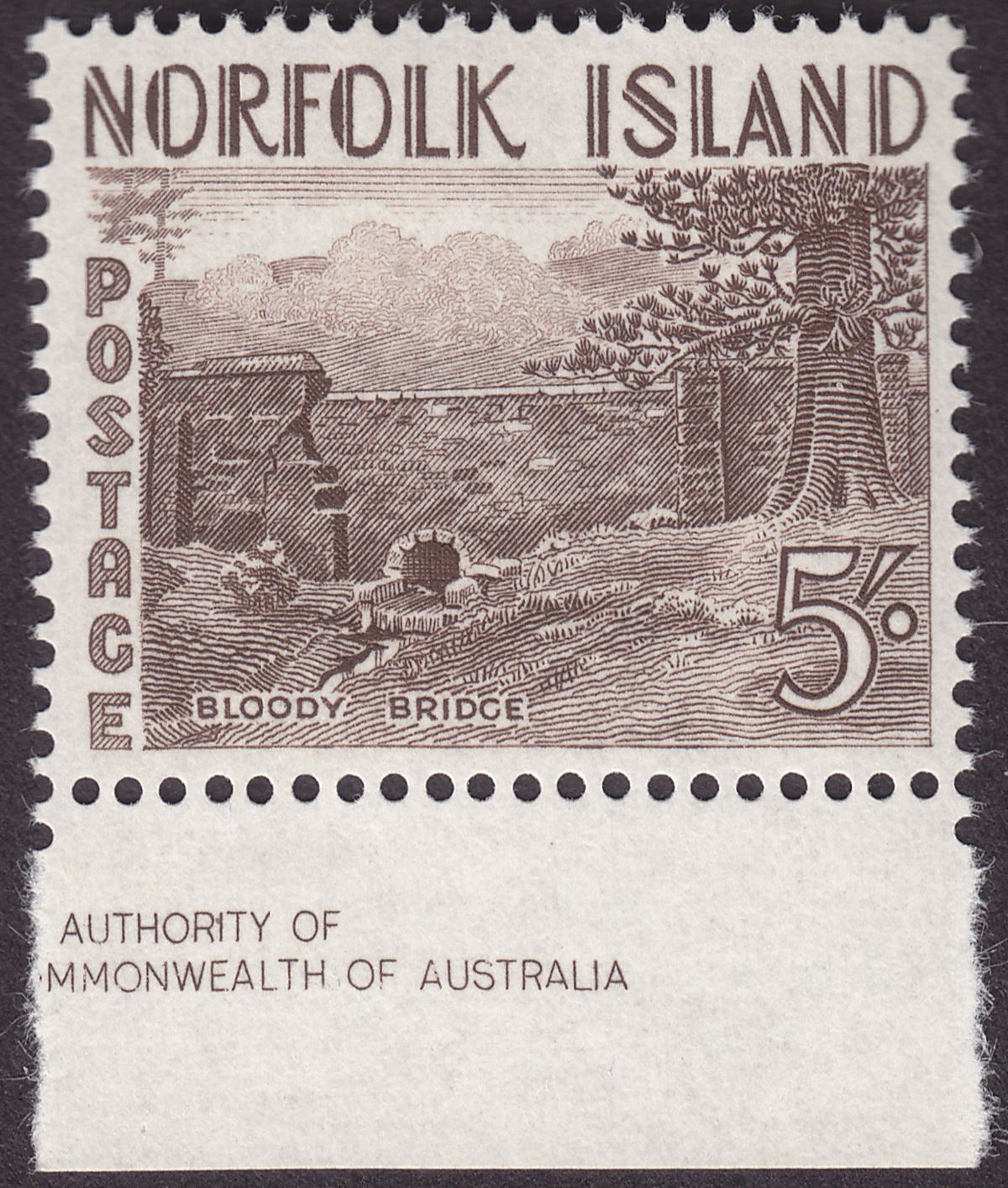 Norfolk Island 1953 QEII Bloody Bridge 5sh Sepia UM Mint SG18 cat £35 Australia