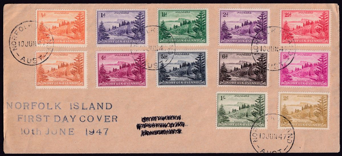 Norfolk Island 1947 KGVI Ball Bay Set Used on First Day Cover