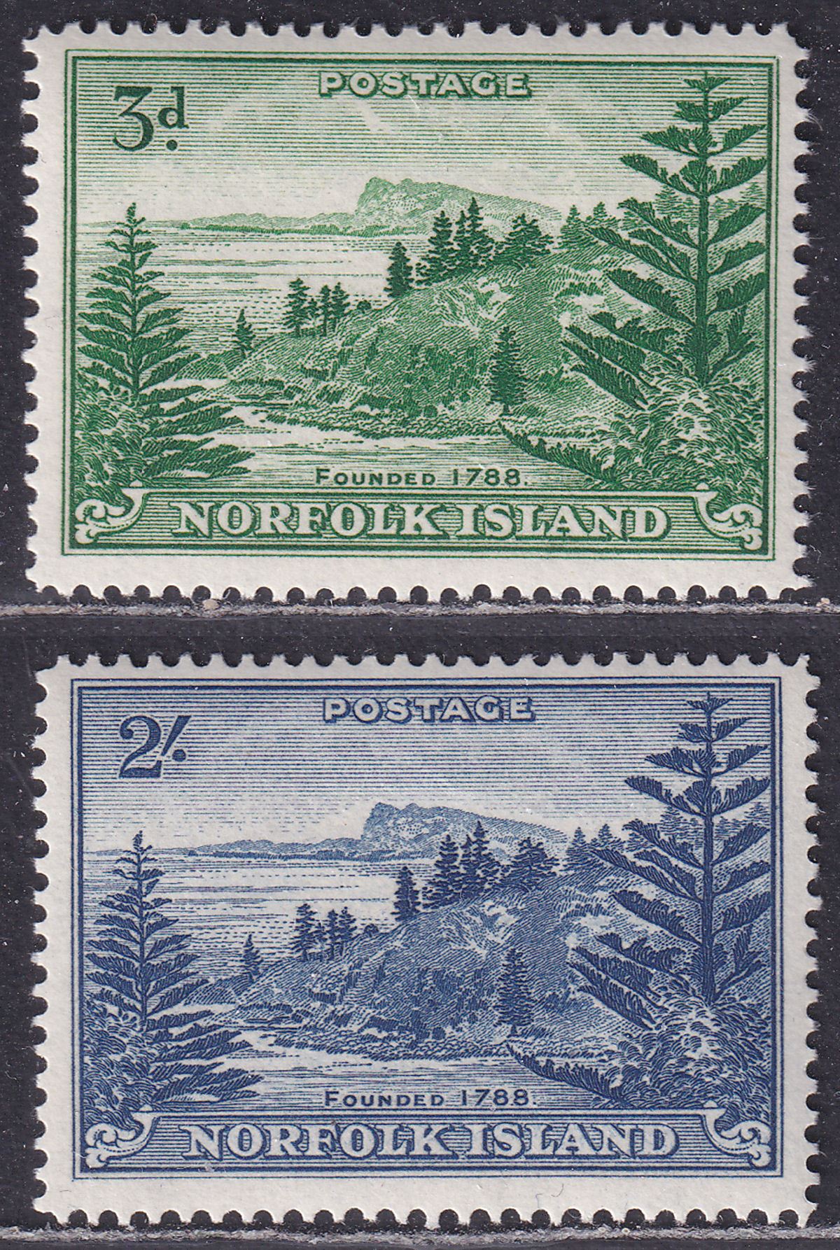 Norfolk Island 1959 QEII Ball Bay 3d Emerald-Grn, 2sh Deep Blue Mint SG6a SG12a