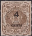 Click for more photos and details North Borneo 1899 QV 4c Surcharge on $10 Brown Used SG126 cat £30