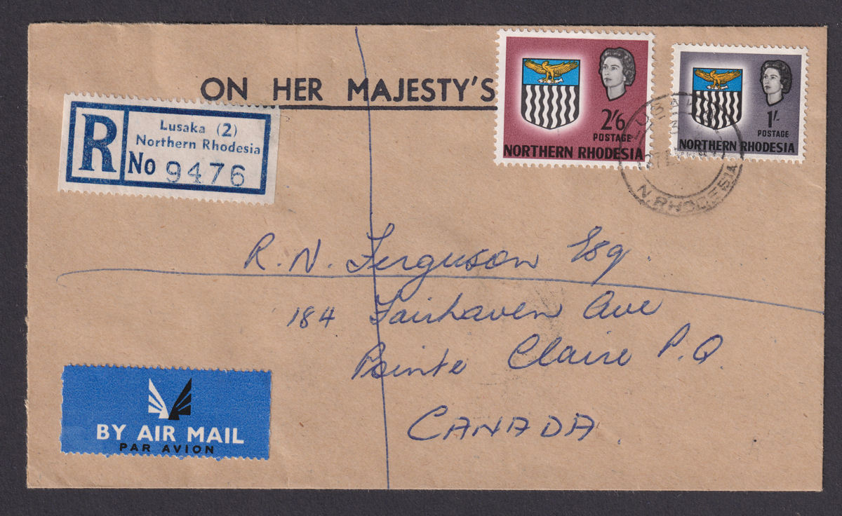 Northern Rhodesia 1964 QEII 2sh6d, 1sh Used Registered Airmail Cover LUSAKA Pmk