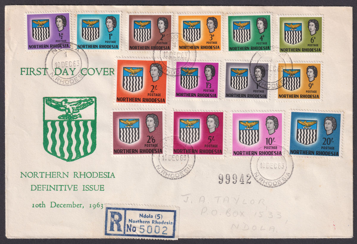 Northern Rhodesia 1963 QEII Arms Full Set Used Registered First Day Cover NDOLA