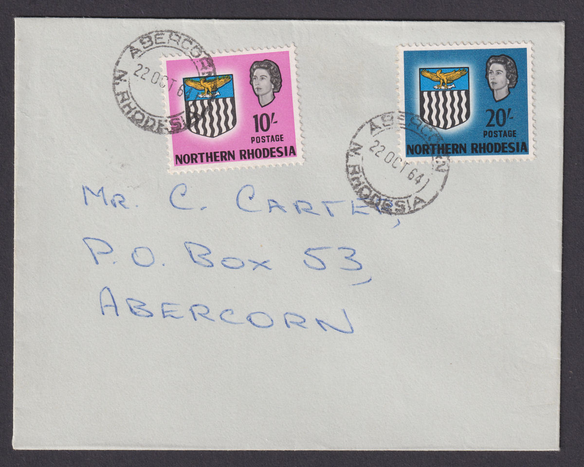 Northern Rhodesia 1964 QEII Arms 20sh, 10sh Used on Cover ABERCORN