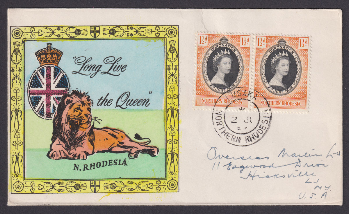 Northern Rhodesia 1953 QEII Coronation 1½d Pair Used on First Day Cover LUSAKA
