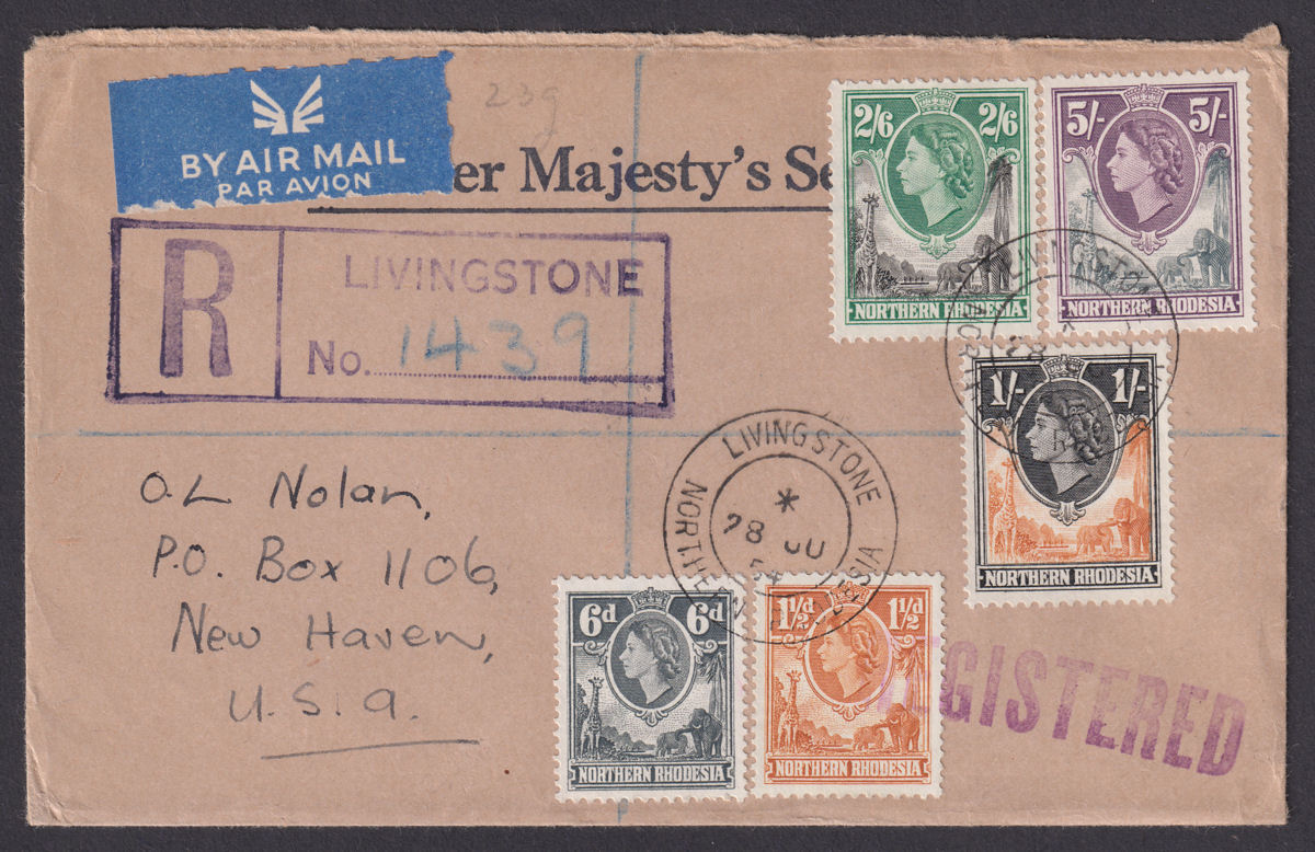 Northern Rhodesia 1954 QEII Part Set Used Regd Airmail Cover LIVINGSTONE - USA