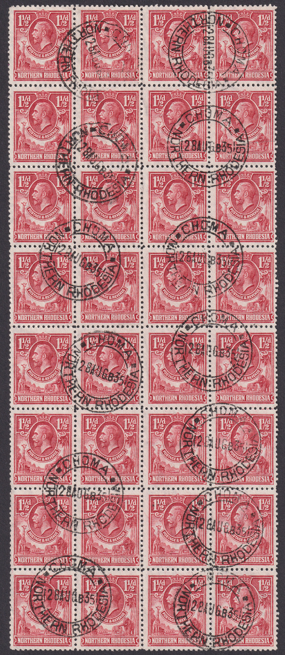 Northern Rhodesia 1925 KGV 1½d Carmine-Red Block of 32 Used SG3 CHOMA Postmarks