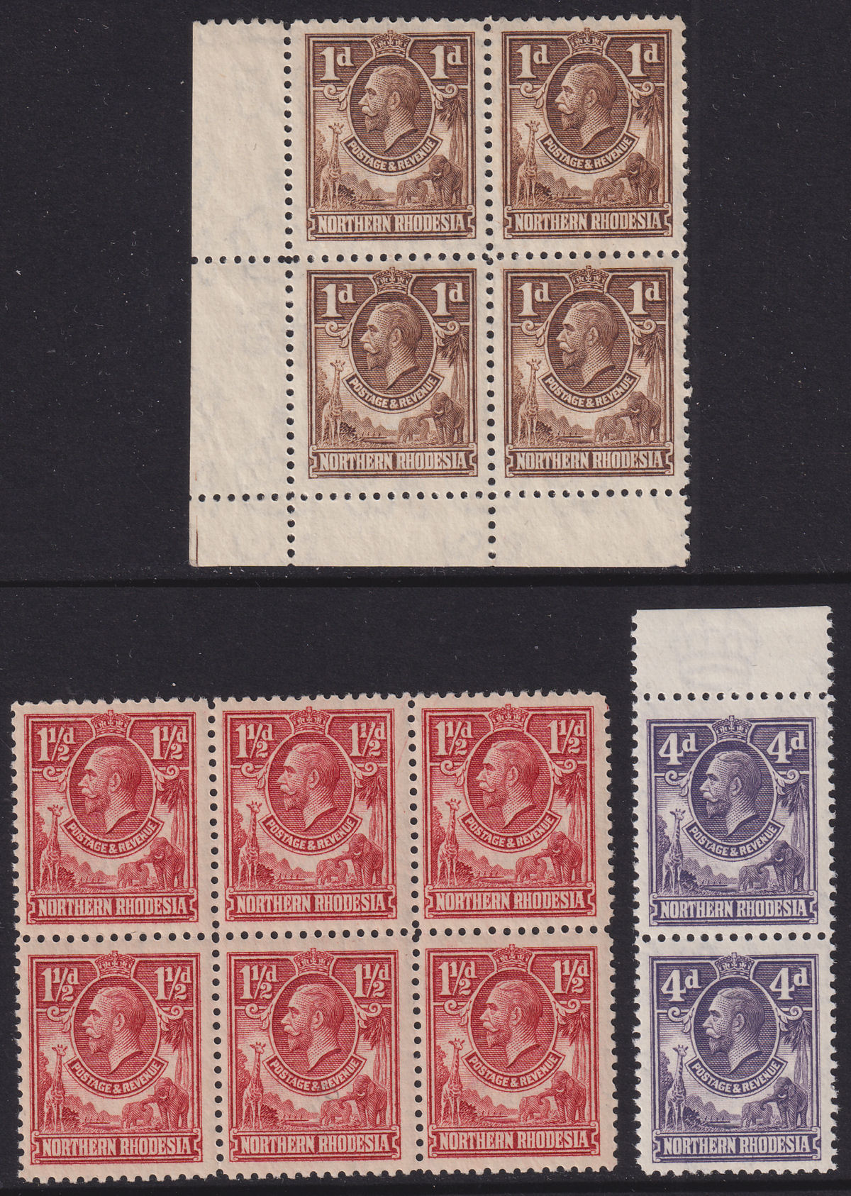 Northern Rhodesia 1925 King George V 1d, 1½d Blocks, 4d Pair Mint