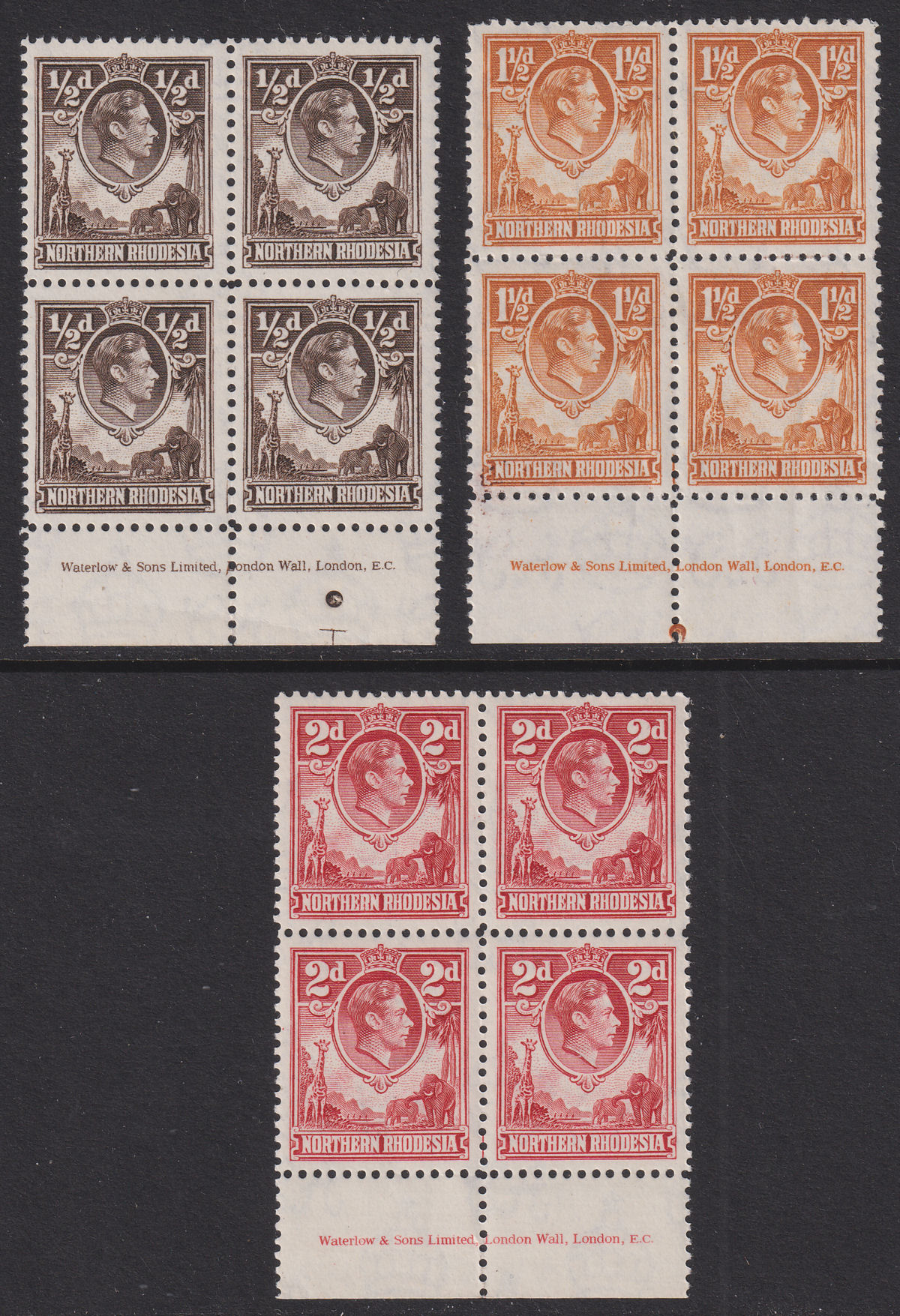 Northern Rhodesia 1938-52 King George VI ½d, 1½d, 2d Imprint Blocks of 4 Mint