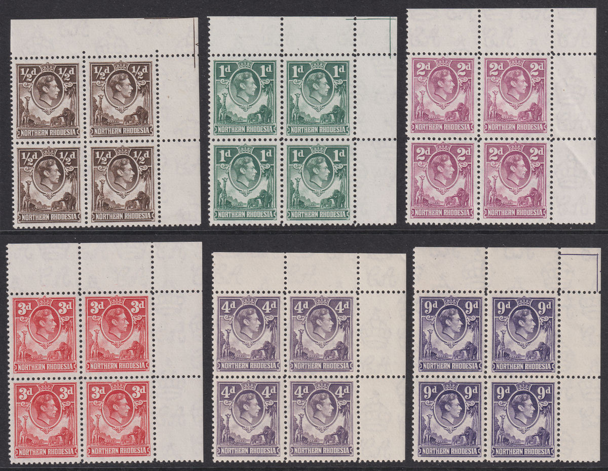 Northern Rhodesia 1938-52 KGVI Block Top Corner Part Set to 9d Mint no sheet nos