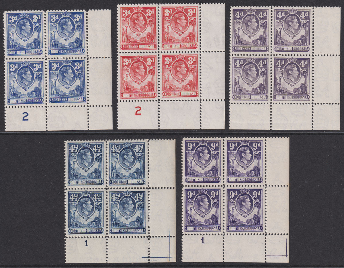 Northern Rhodesia 1938-52 KGVI Part Block Set 3d to 9d Mint inc plate numbers