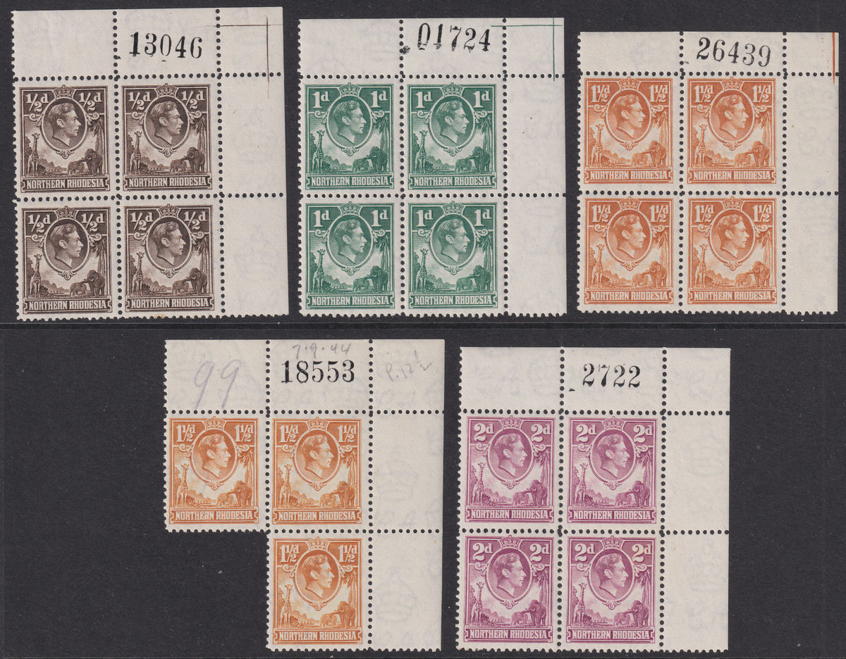 Northern Rhodesia 1938-52 KGVI Block Part Set to 2d with Sheet Numbers Mint