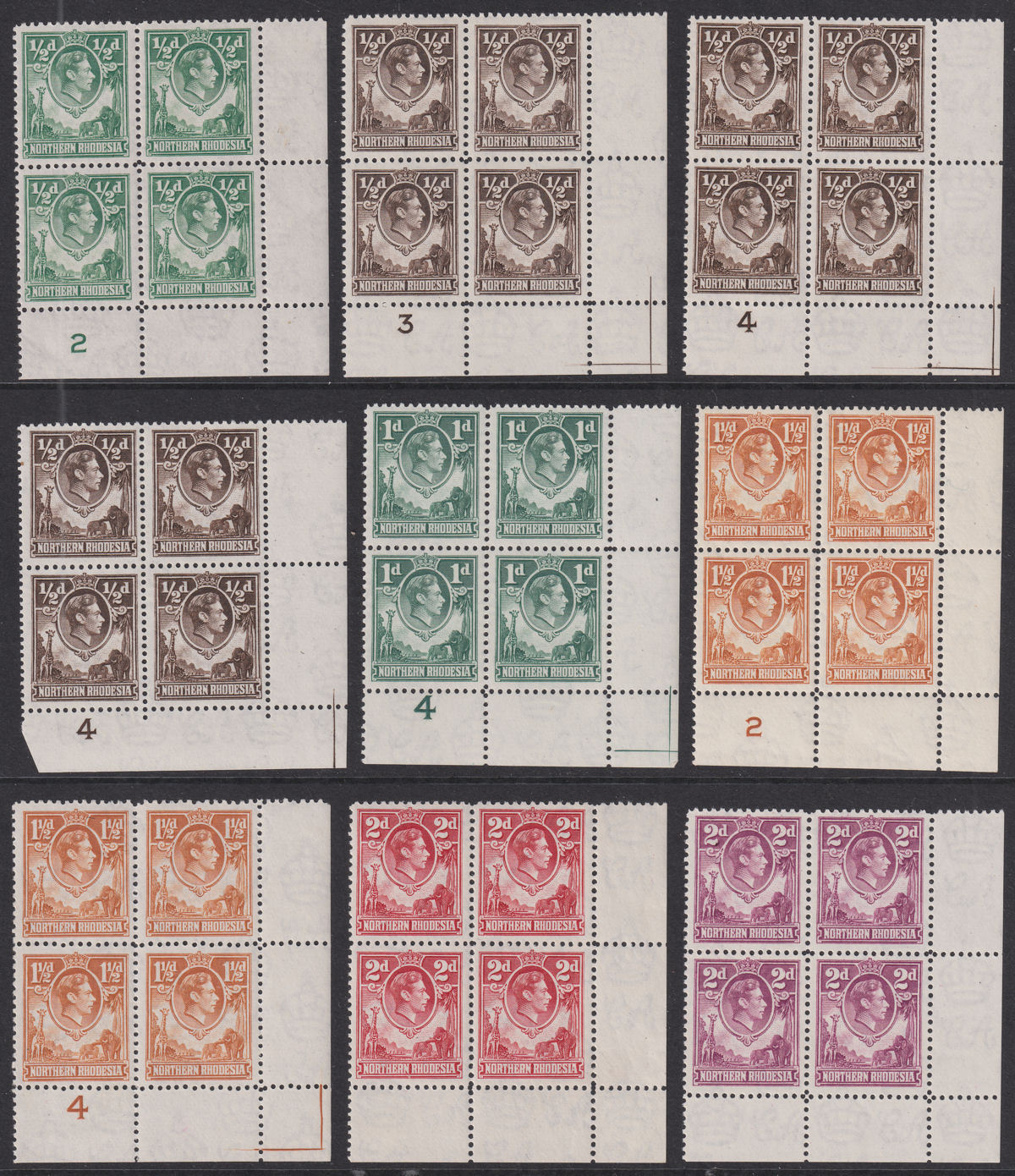 Northern Rhodesia 1938-52 KGVI Block Part Set to 2d with some Plate Numbers Mint