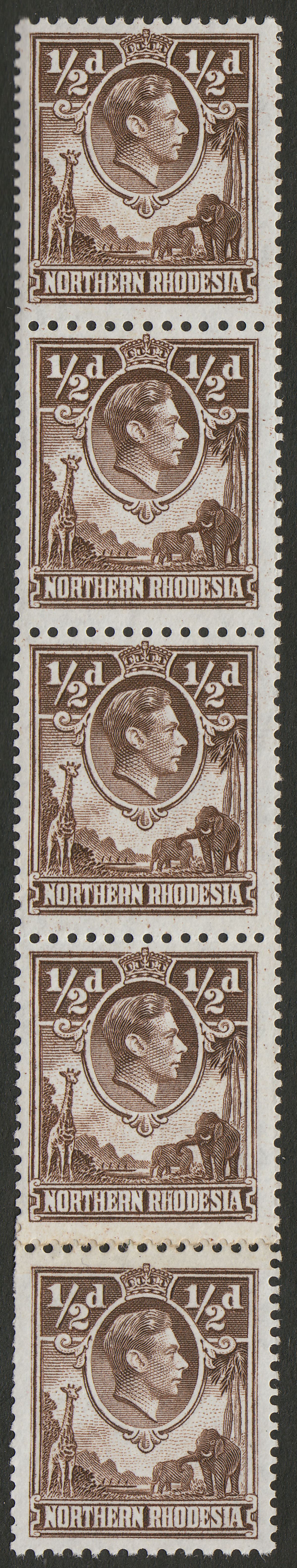 Northern Rhodesia 1952 KGVI ½d Chocolate perf 12½x14 Strip Coil Join Mint SG26a