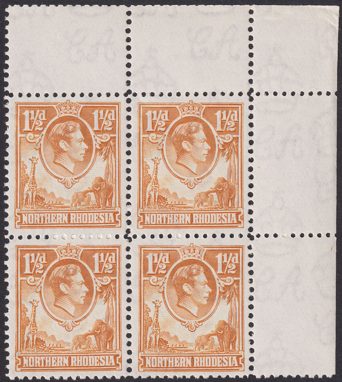 Northern Rhodesia 1941 KGVI 1½d Block Mint SG30 w trimmed extra margin perfs