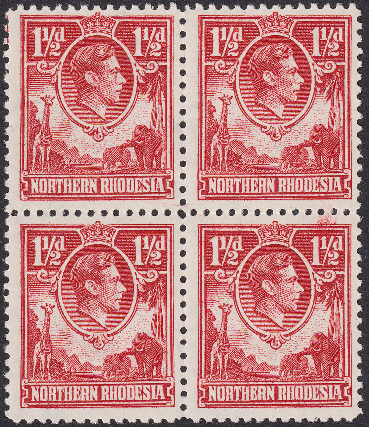 Northern Rhodesia 1938 KGVI 1½d Carmine-Red Block of 4 UM Mint SG29 cat £200