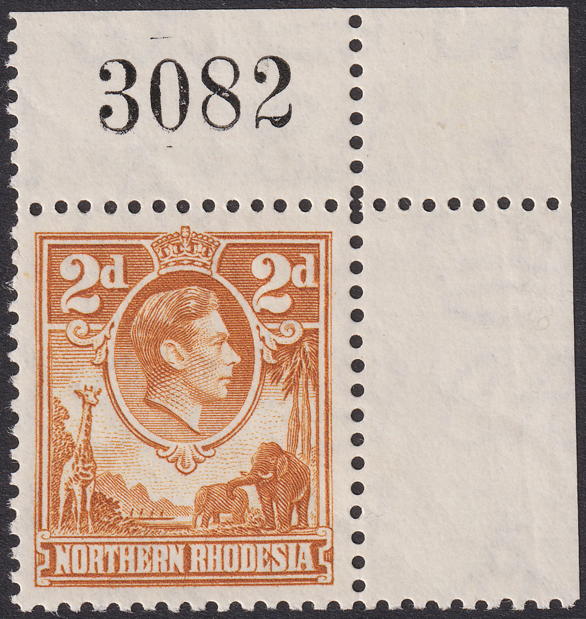 Northern Rhodesia 1938 KGVI 2d Yellow-Brown Sheet Number Marginal Mint SG31 c£50