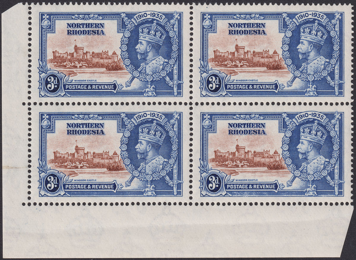 Northern Rhodesia 1935 KGV SJ 3d Line by Turret x2 Block Mint SG20f cat £600