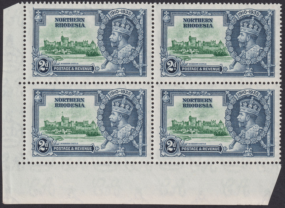 Northern Rhodesia 1935 KGV SJ 2d Line by Turret x2 Block Mint SG19f cat £360