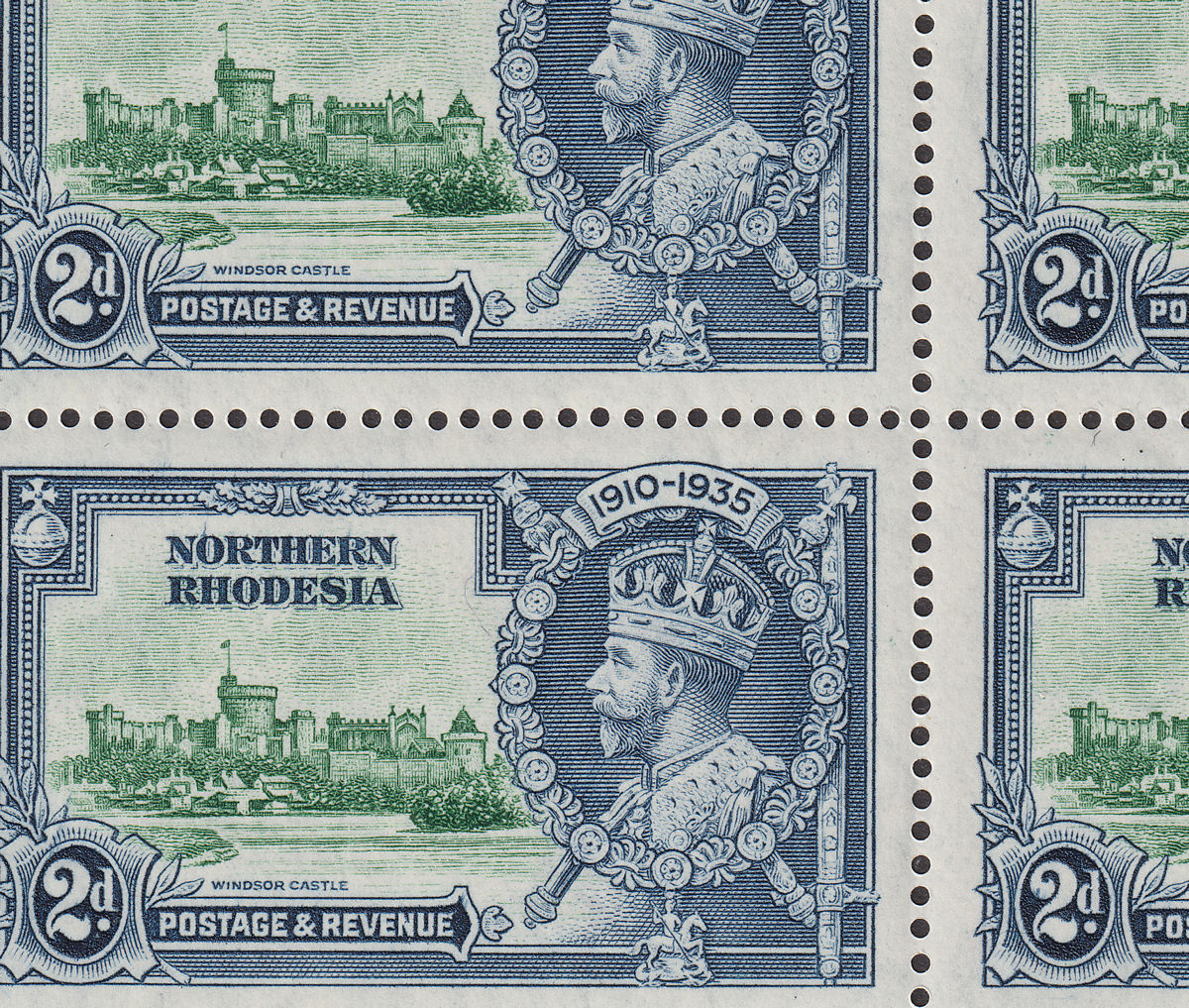 Northern Rhodesia 1935 KGV SJ 2d Line by Turret x2 Block Mint SG19f cat £360