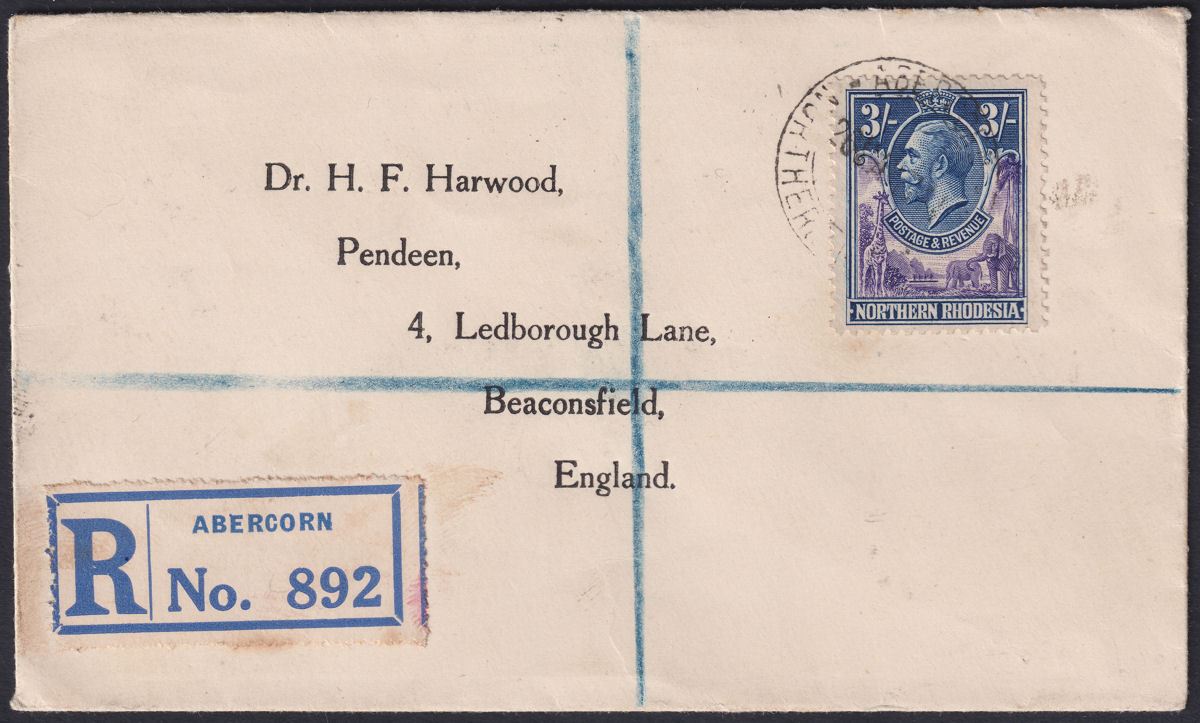 Northern Rhodesia 1929 KGV 3sh Violet and Blue Used on Cover SG13 ABERCORN Pmk