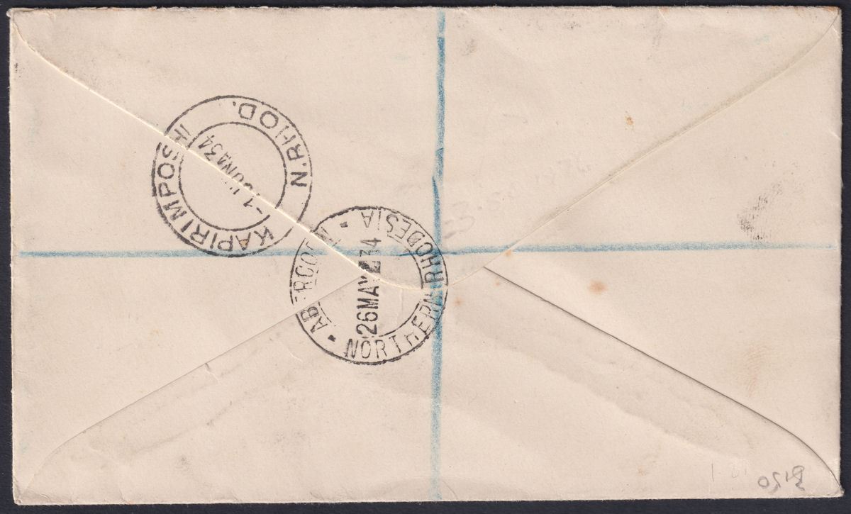 Northern Rhodesia 1929 KGV 3sh Violet and Blue Used on Cover SG13 ABERCORN Pmk