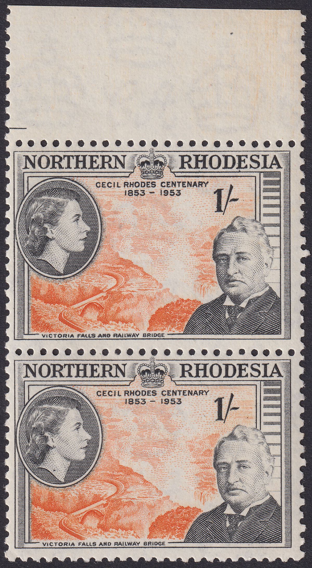 Northern Rhodesia 1953 QEII Rhodes 1sh with FALLS AND RAIL Re-entry Mint SG58var