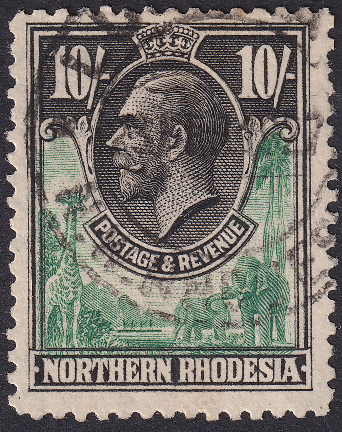 Northern Rhodesia 1925 KGV 10sh Green and Black Used SG16 cat £110