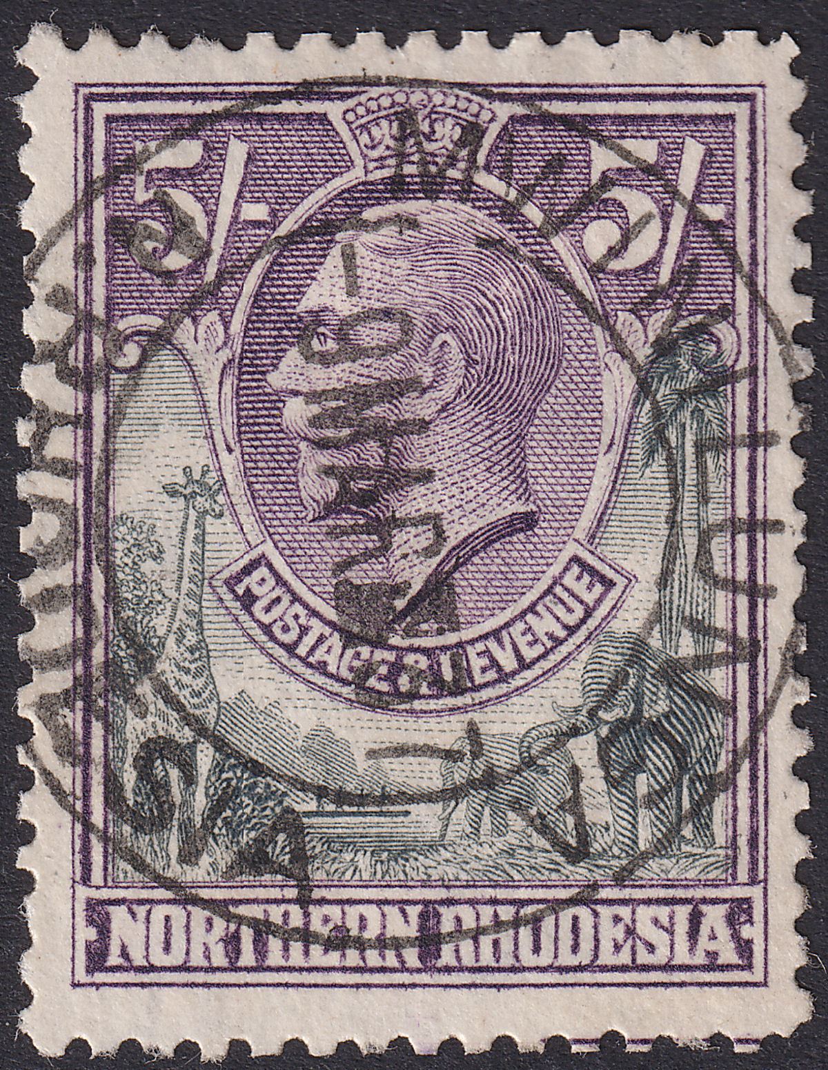 Northern Rhodesia 1925 KGV 5sh Slate-Grey + Violet Used SG14 MWINILUNGA Postmark