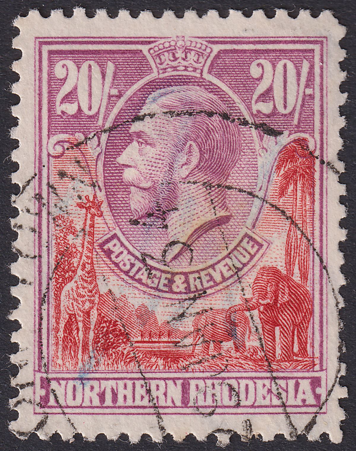 Northern Rhodesia 1925 KGV 20sh Carm-Red + Rose-Purp Fiscal Used SG17 bogus pmk