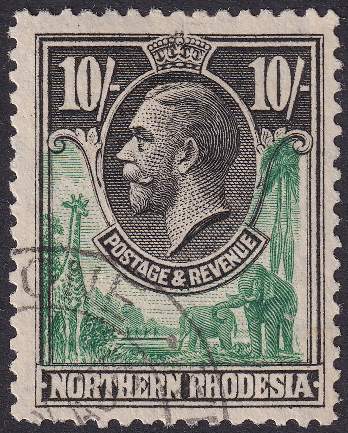 Northern Rhodesia 1925 KGV 10sh Green and Black Used SG16 cat £110