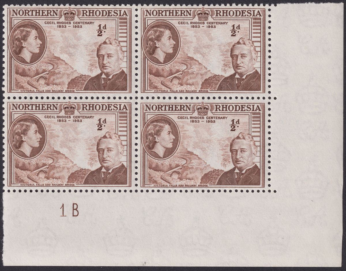 Northern Rhodesia 1953 QEII Rhodes ½d with CECIL Re-entry Block Mint SG54var