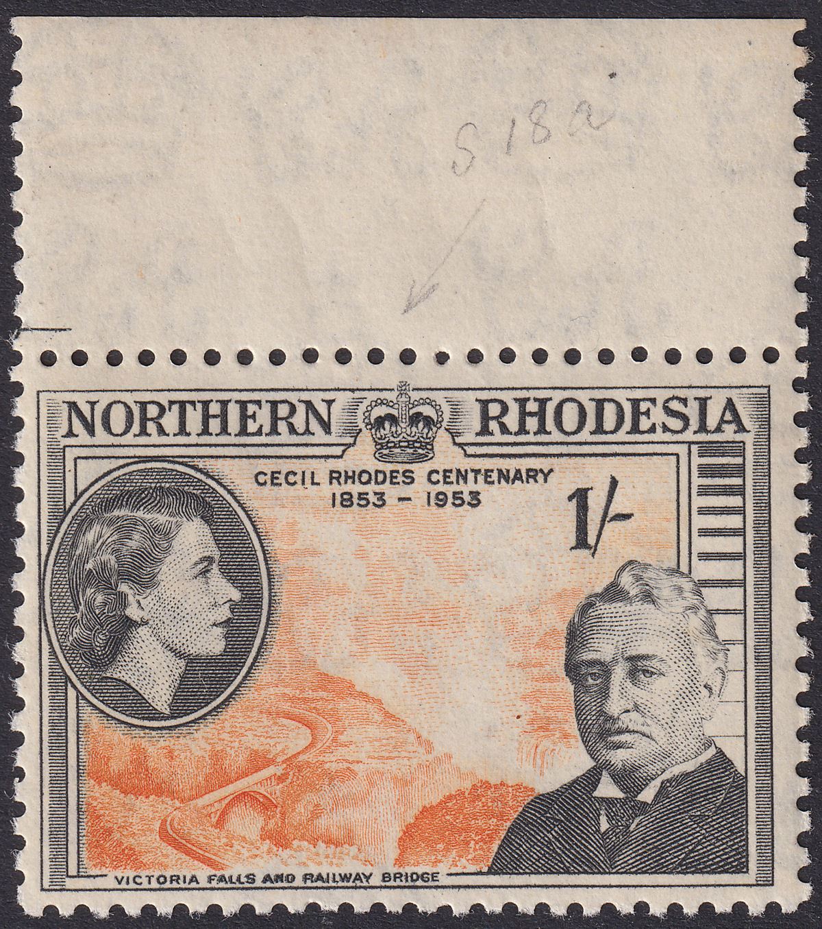 Northern Rhodesia 1953 QEII Rhodes 1sh with FALLS AND RAIL Re-entry Mint SG58var