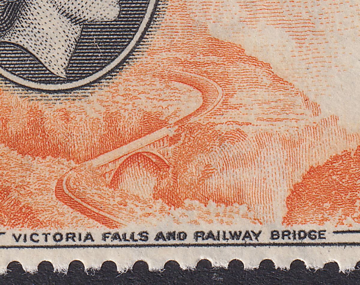 Northern Rhodesia 1953 QEII Rhodes 1sh with FALLS AND RAIL Re-entry Mint SG58var