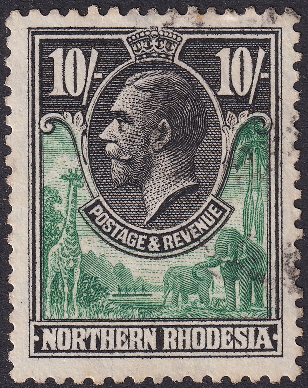Northern Rhodesia 1925 KGV 10sh Green and Black Used SG16 cat £110
