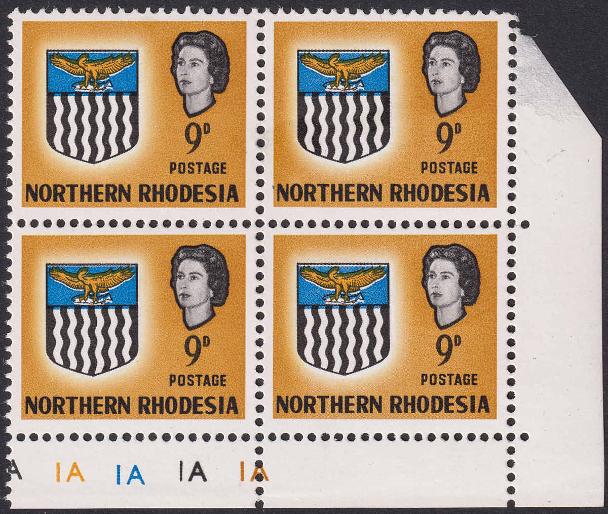 Northern Rhodesia 1963 QEII Arms 9d Plate 1A Block Misplaced Blue UM Mint SG81