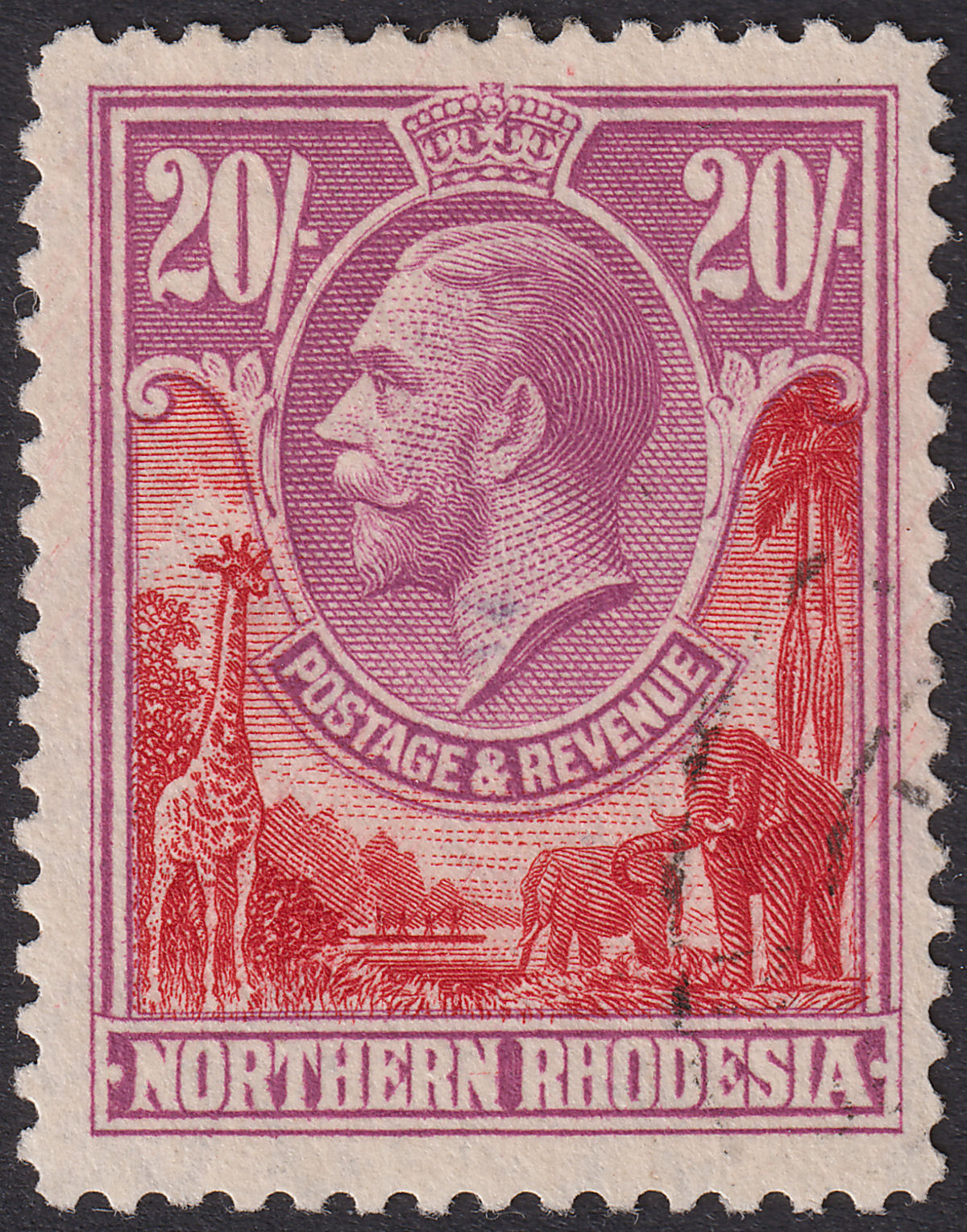 Northern Rhodesia 1925 KGV 20sh Carmine-Red and Rose-Purple Used* SG17 cat £400