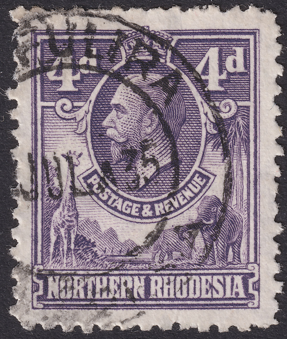Northern Rhodesia 1925 KGV 4d w Elephant Mark similar to Tick Bird Flaw Used SG6