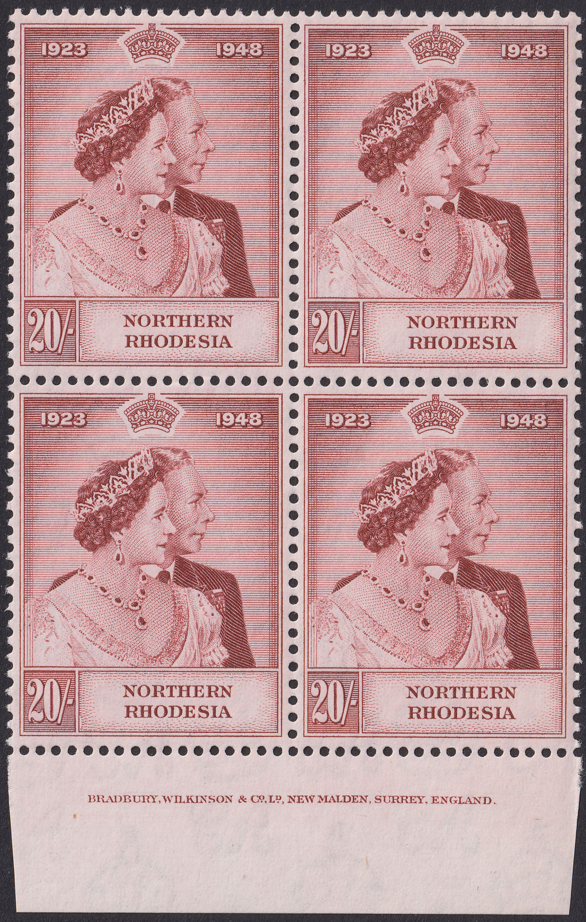 Northern Rhodesia 1948 KGVI Royal Silver Wedding 20sh Imp Block Mint SG49 c£480