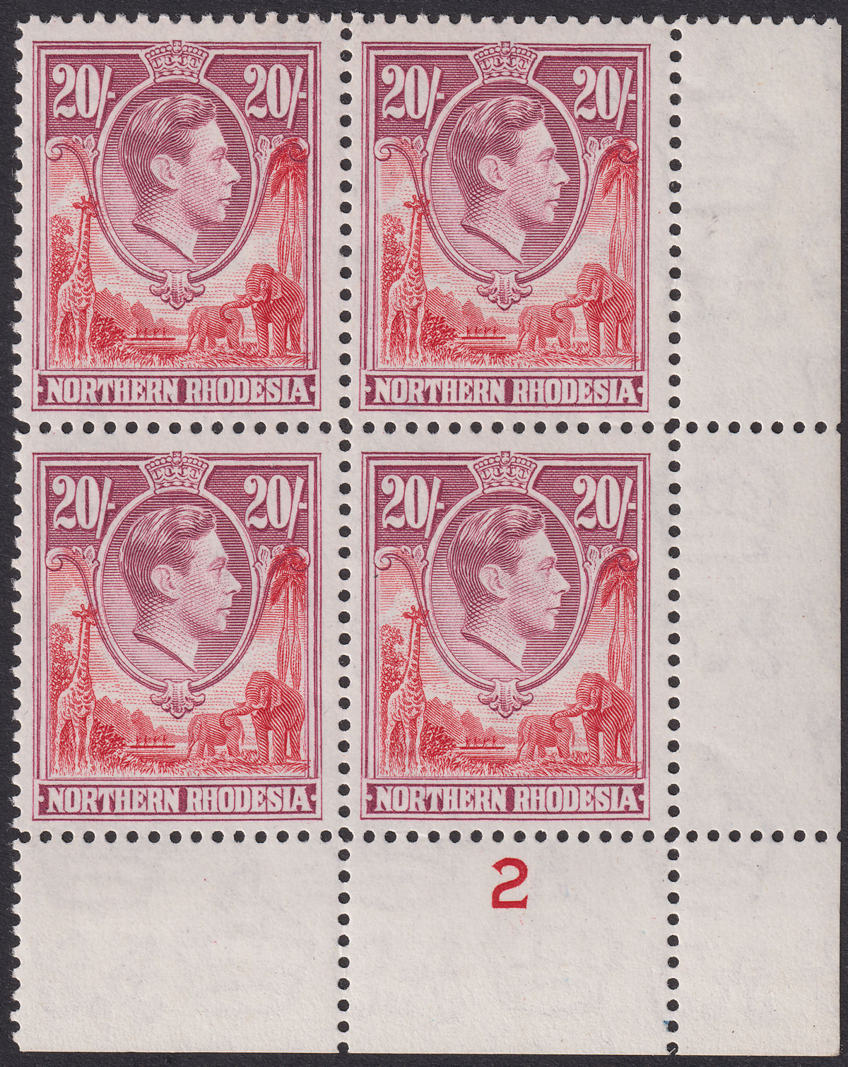 Northern Rhodesia 1938 KGVI 20sh Carm-Red + Rose-Purp Pl 2 Block Mint SG45 c£280