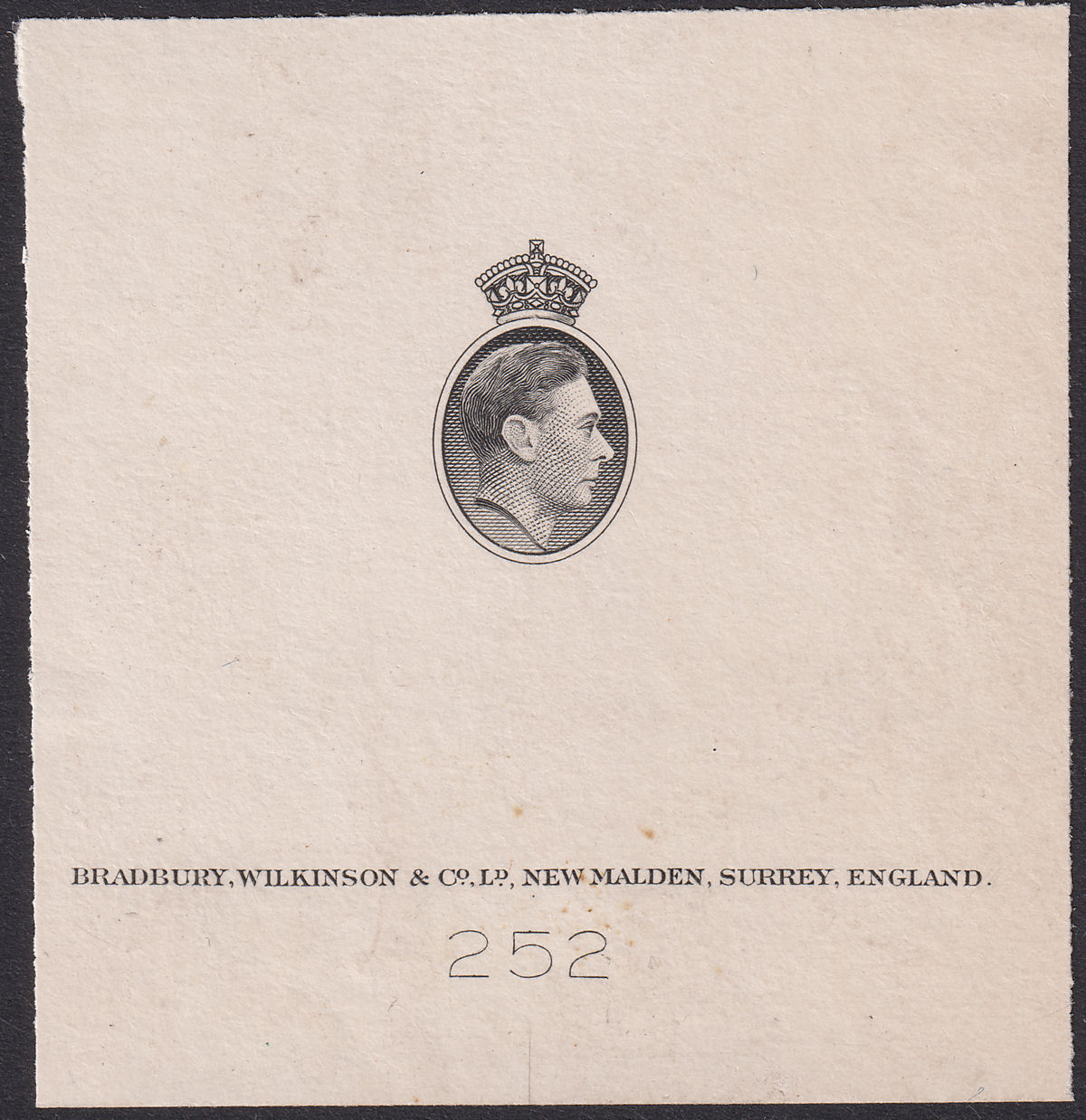 Bradbury Wilkinson c1938 King George VI Head Die Vignette Proof in Black 252