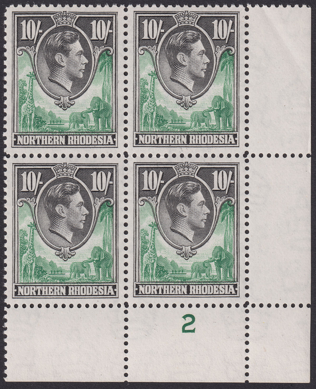 Northern Rhodesia 1938 KGVI 10sh Green + Blk Plate 2 Block of 4 Mint SG44 c£150