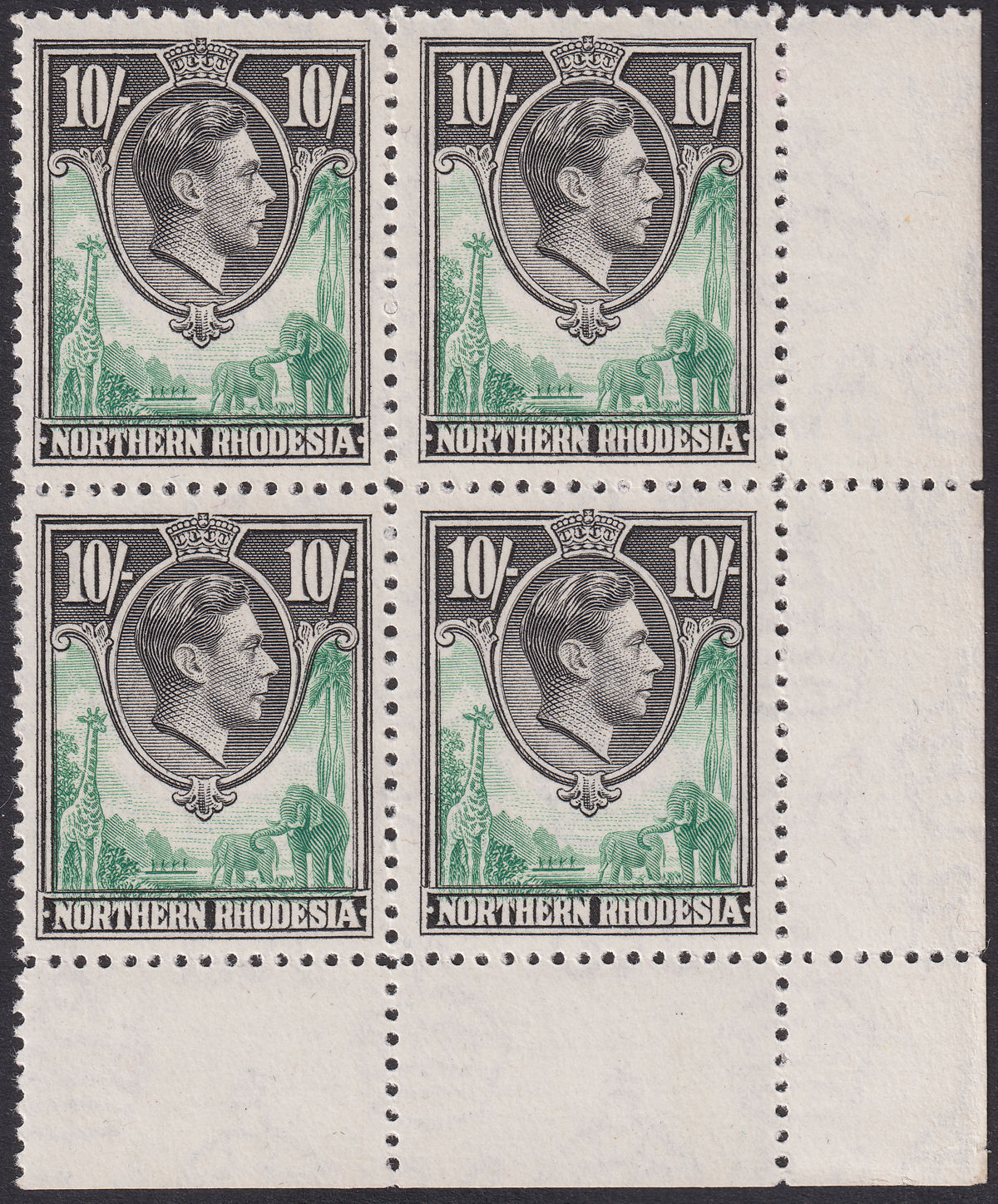 Northern Rhodesia 1938 KGVI 10sh Green + Blk No Plate Block of 4 Mint SG44 c£150