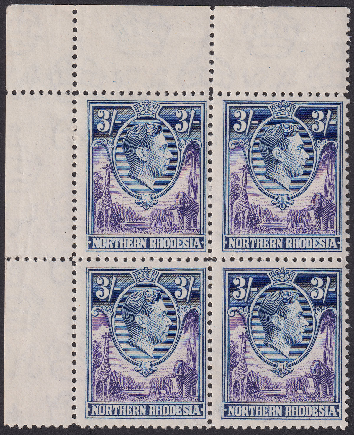 Northern Rhodesia 1938 KGVI 3sh Violet + Blue Corner Block of 4 Mint SG42 c£120