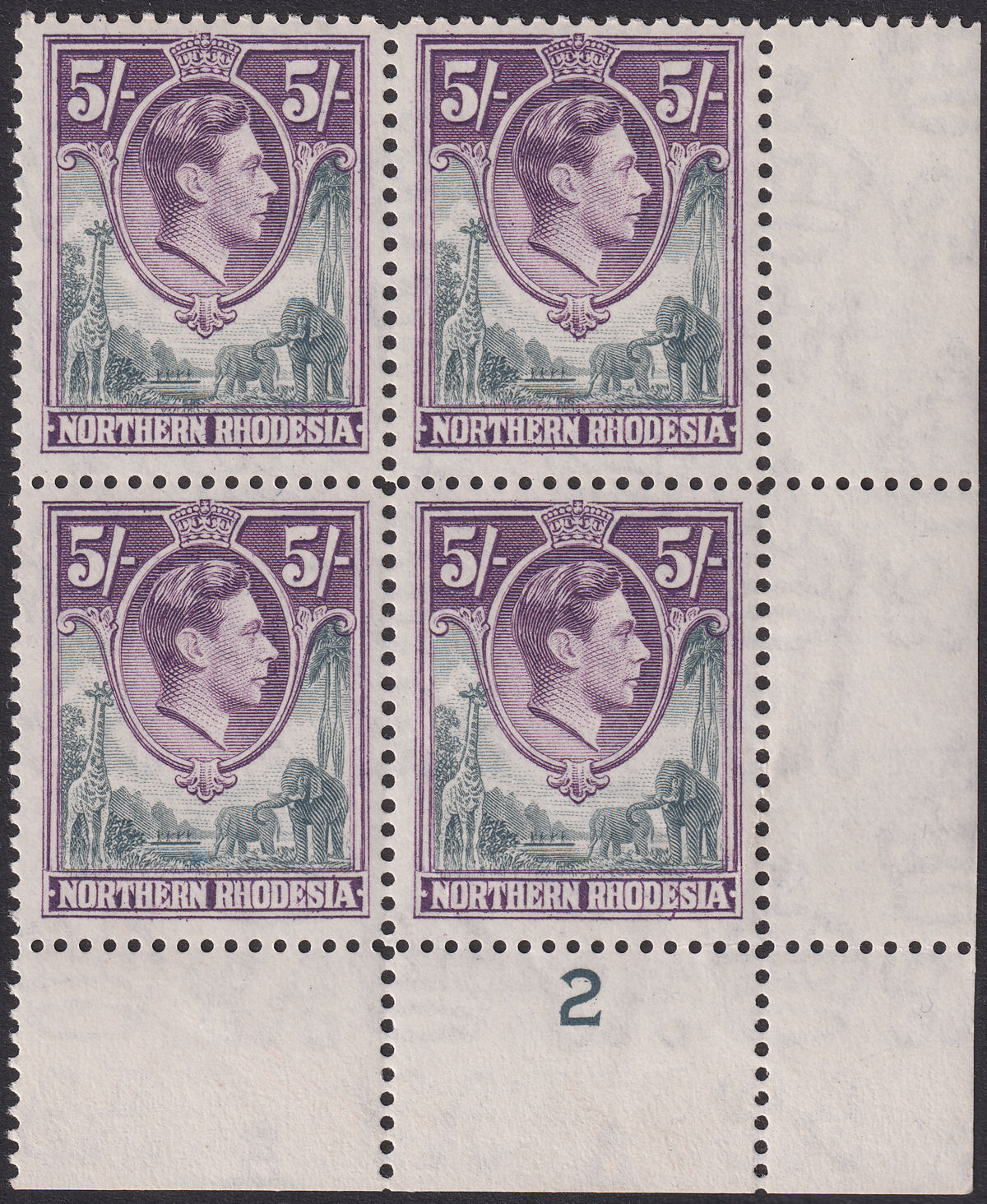 Northern Rhodesia 1938 KGVI 5sh Grey + Dull Violet Plate 2 Block Mint SG43 c£128