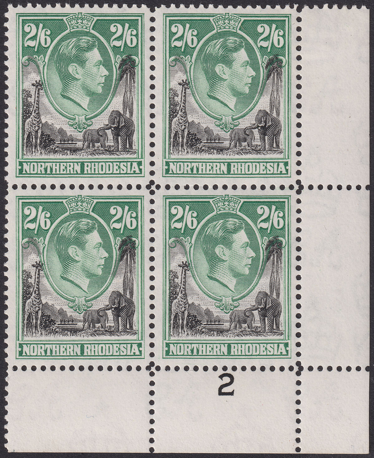 Northern Rhodesia 1938 KGVI 2sh6d Blk + Green Plate 2 Block of 4 Mint SG41 c£72