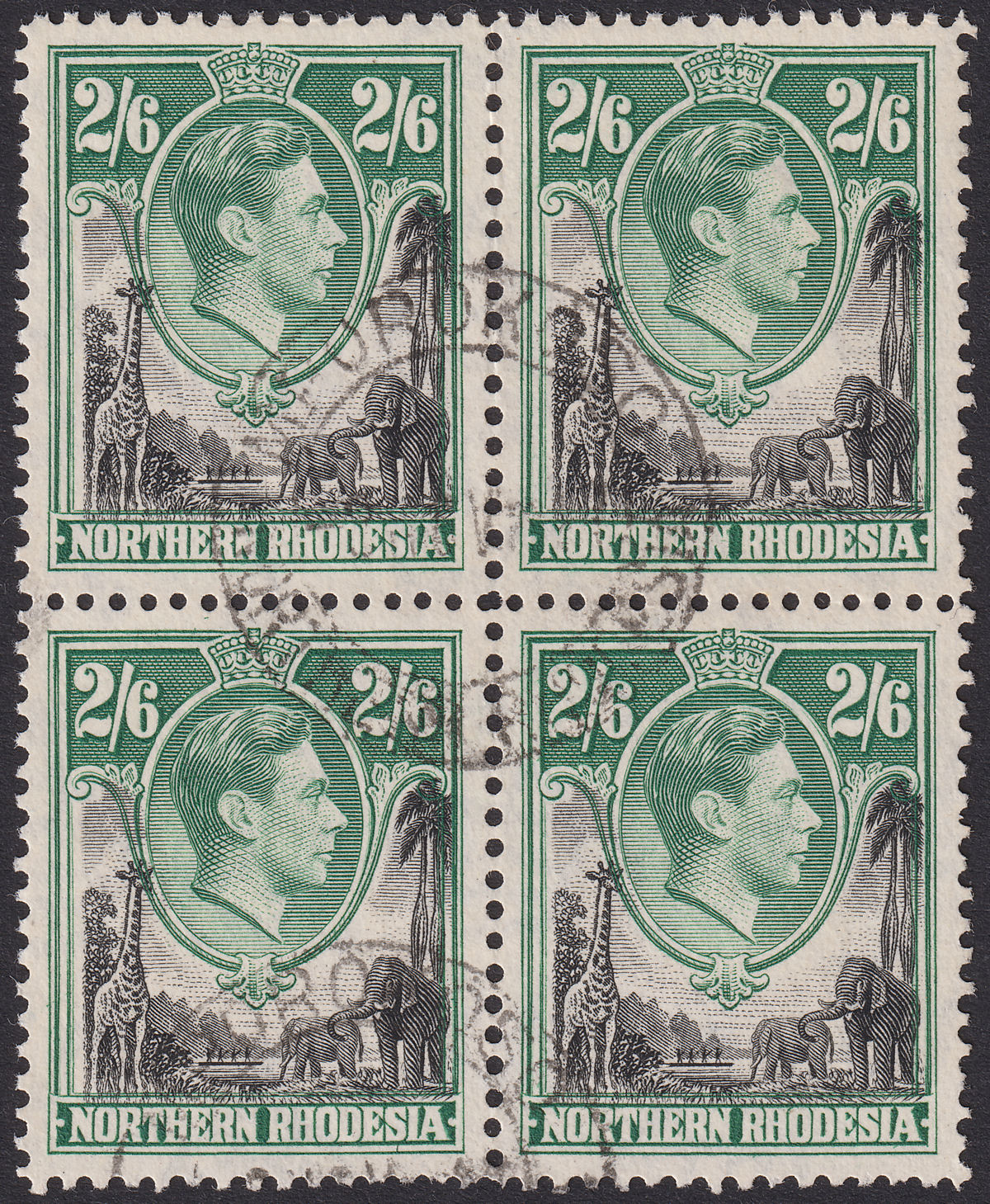 Northern Rhodesia 1938 KGVI 2sh6d Black + Green Block of 4 Used SG41 MPOROKOSO