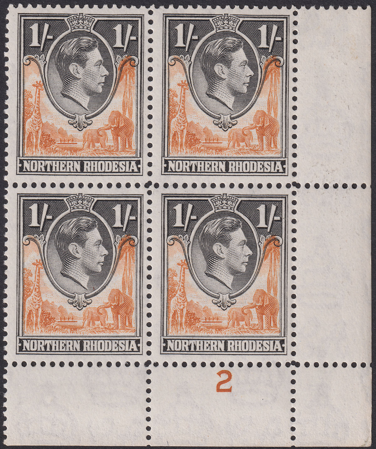 Northern Rhodesia 1938 KGVI 1sh Yel-Brown+ Black Plate 2 Block of 4 Mint SG40