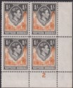 Click for more photos and details Northern Rhodesia 1938 KGVI 1sh Yel-Brown+ Black Plate 2 Block of 4 Mint SG40