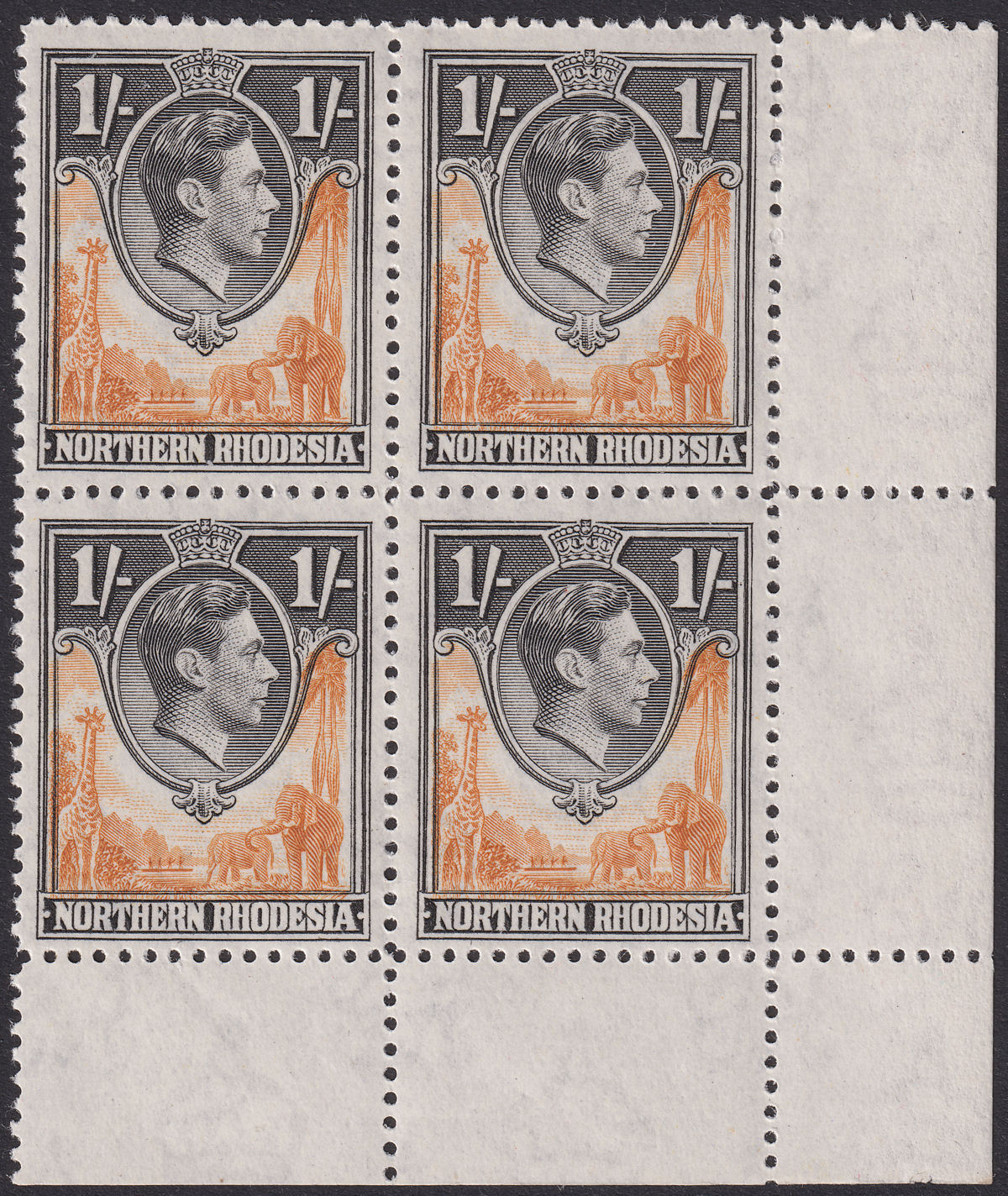 Northern Rhodesia 1938 KGVI 1sh Yel-Brown+ Black No Plate Block of 4 Mint SG40